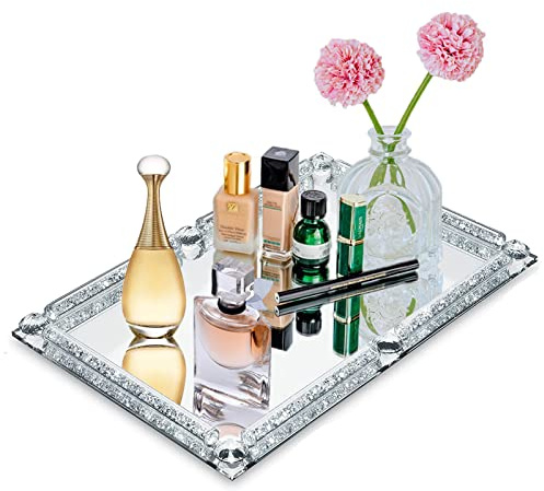 YCWF Mirror Perfume Tray for Dresser,Crushed Diamond Filled Glass Vanity Tray,Decorative Bathroom Tray,Crystal Tray for Home Decorative,Party,Hotel Banquet,11.8x 7.9x1.2,Silver