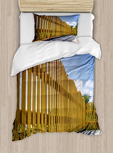 Ambesonne Fence Duvet Cover Sets, Wooden Fence on Residential Terrace Sunny Backyard Patio Tranquil View, Bedding Set with 2 Duvet Covers & 2 Pillowcases, 2 Pack Twin Size, Pale Coffee Violet Blue