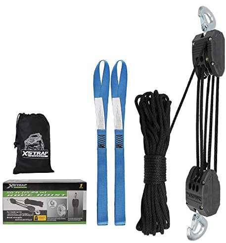 XSTRAP STANDARD Heavy-Duty 2,000LB Rope Hoist Pulley 50 Feet Wheel Block and Tackle System with 2PK 18 Inch Soft Loops for Animal Husbandry, Garage, Warehouse, Constructions, 50FT Black