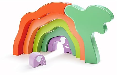 Hape Stapelblöcke Elefanten-Safari - buntes Holzbausteine-Set für Kinder, Montessori Motorikspielzeug, Koordination und Kreativität, kindgerechtes Stapelspielzeug, ab 12 Monaten