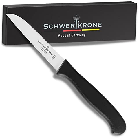 Schwertkrone® Schälmesser Tomatenmesser [MADE IN SOLINGEN - GERMANY] - Gemüsemesser Obstmesser - Küchenmesser klein scharf Schneidemesser Sägemesser - Allzweckmesser (Gezahnte Klinge: 7,5cm)