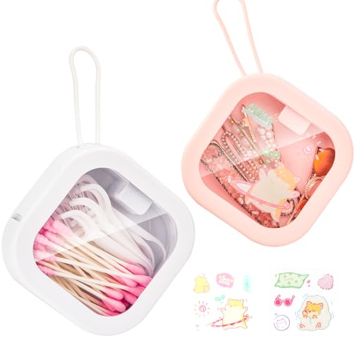 AIMIXUN 2 PZ Organizer per Capelli, Portatile Porta Cotton Fioc per Bagno Viaggio QTip Artigianato di Gioielli Dispenser Piccola Scatola Staccabile, Batuffoli di Cotone 1 Bianco e 1 Rosa