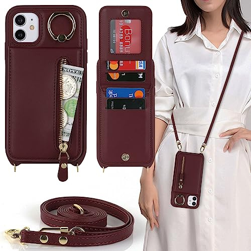 CAVOR Handykette Handyhülle Kompatibel Mit iPhone 11 Hülle Mit Band,Flip Leder Geldborse Hülle,[4 Kartenfach][Ring Stander][Reißverschluss],Handytasche zum Umhängeband - Burgunder