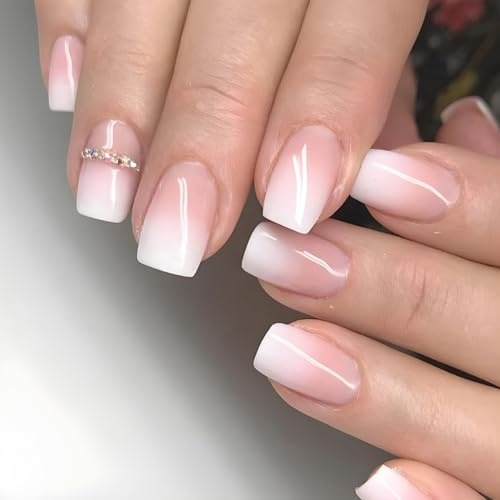 JUSTOTRY 24 Stück Weiß und Pink Einfarbig Eckig Nägel Zum Aufkleben Kurz,Glossy French Press on Nails,Strass Kunstnägel Fake Nails,Square Fingernägel Künstliche Nägel Mittel für Frauen