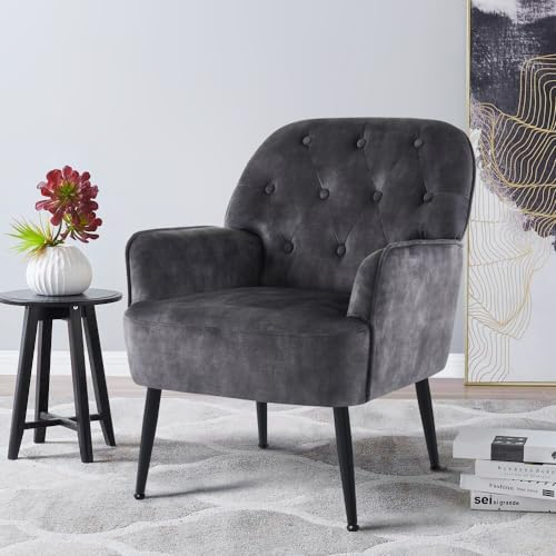 IWMH Armchair for Living Room, Velvet Fabric Accent Chair for Bedroom, Occasional Tub Chairs Reading Chair Comfy Big Mid Century, Metal Legs (Grey)