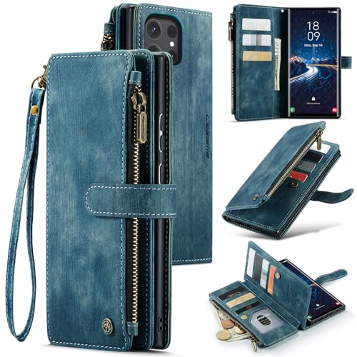 UEEBAI Hülle für Samsung Galaxy S24 Ultra 5G, Premium PU Lederhülle, Blau | Retro Reißverschluss Hülle Weiche Klapphülle Magnetverschluss Kartenfach Standfunktion Geldbörse mit Trageband Schutzhülle