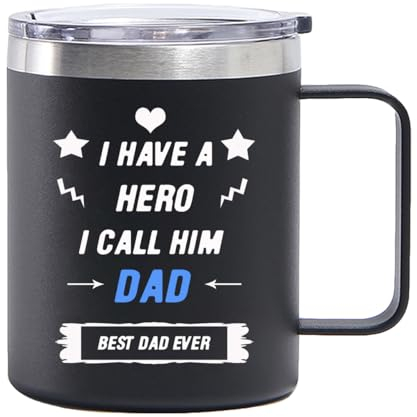 Coolparty 12oz Stainless Steel Vacuum Insulated Tumbler with Handle - Travel Mug for Dad - Coffee, Tea & Water Cup - Best Dad Ever Gift for Father's Day, Birthday, Christmas (350ml, Black)