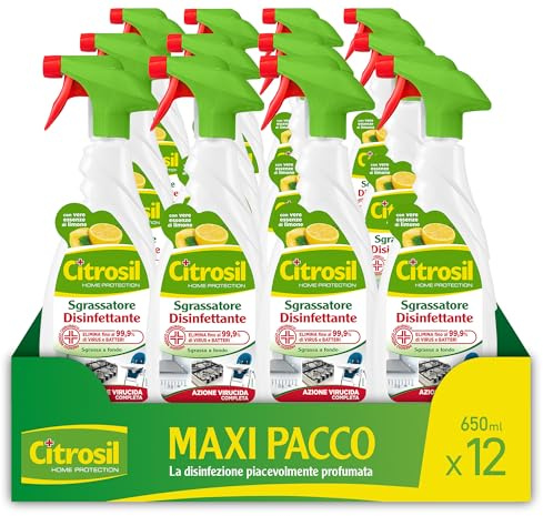 Citrosil Sgrassatore Disinfettante, Elimina Fino al 99,9% di Virus e Batteri, Essenze di Limone, 650 ml x 12 Confezioni