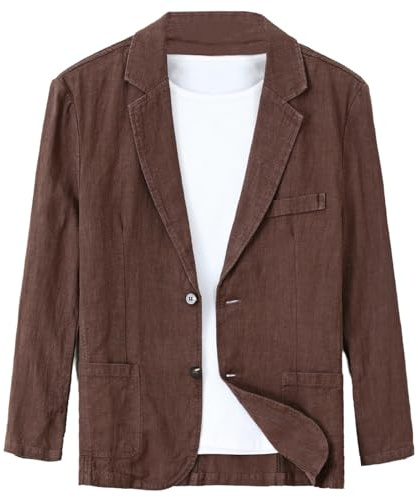 GIBZ Blazer Casual de Lino para Hombre Ligera y Suave Abrigo Deportivo de 2 Botones Chaqueta de Traje Sólido con Bolsillos, Café, S
