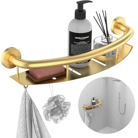 Haltegriff mit Ablagefläche für Badewanne und Dusche, Sicherheits-Haltestange, goldfarben | Badezimmer-Handicap-Stange, 45,7 cm, Edelstahl-Handlauf, Ablauflöcher, Wandhalterung, Hilfsgriff für ältere ältere Menschen