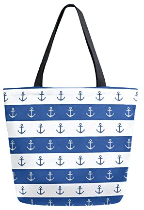 Strandtasche Marineblauer Ankerblauer Streifen Einkaufstaschen Faltbare Tragetasche Aesthetic Tote Bag Für Reise Einkaufen Feiertags 40X50cm
