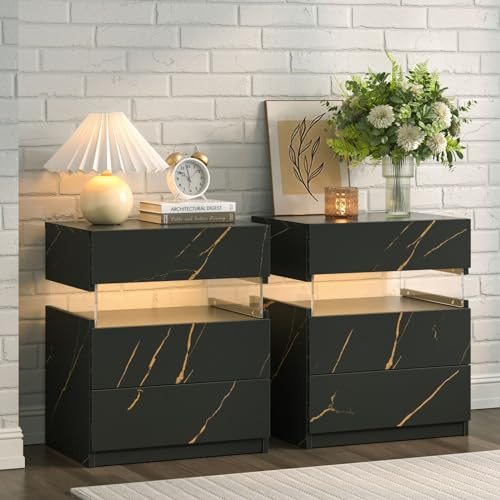 Cubehom Nachttisch 2er Set mit LED-Beleuchtung, 3 Schubladen, Nachtschrank | Beistelltisch in Schwarz-Gold mit einstellbarer LED-Beleuchtung, 3 Lichtfarben, transparenten Acrylstützen, 50 × 38 × 60 cm