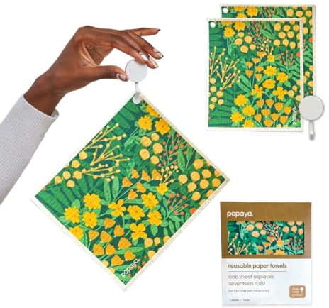 Papaya Reusable Paper Towels, Premium Swedish Dishcloths with Hook, Non-Scratch Reusable Paper Towel, 1 Sheet Replaces 17 Rolls - 2 Sheets, 1 Hook