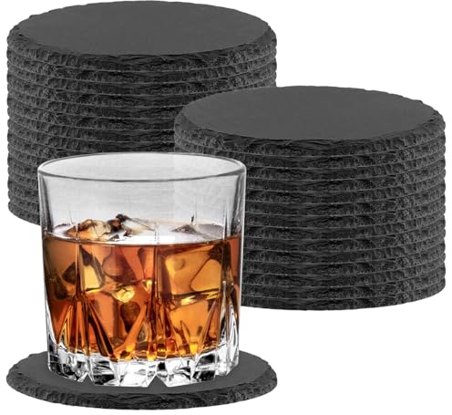 KEILEOHO 30er Set Rund Schiefer Untersetzer, 10 cm Runde Getränkeuntersetzer Schiefer Schiefersteine Schieferplatte für Gläser, Keramikbecher, Schwarz