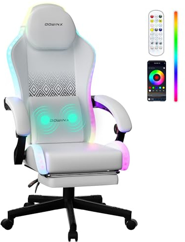 Dowinx Gaming Stuhl mit RGB Lichtern, LED Gaming Chair mit Fußstütze für Erwachsene, Ergonomischer Gaming Stuhl mit Massage Lendenwirbelstütze, Video Game Stuhl PU Leder Weiß