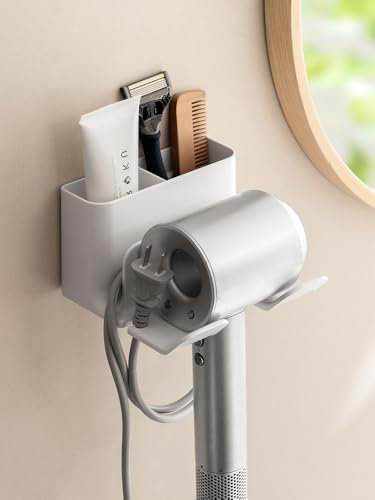 ACSTORi Hair Dryer Holder with Comb Storage Holder, Wall Mounted Blow Dryer Organizer, No Drilling Hairdryer Station with Plug & Cord Organizer for Bedroom Bathroom