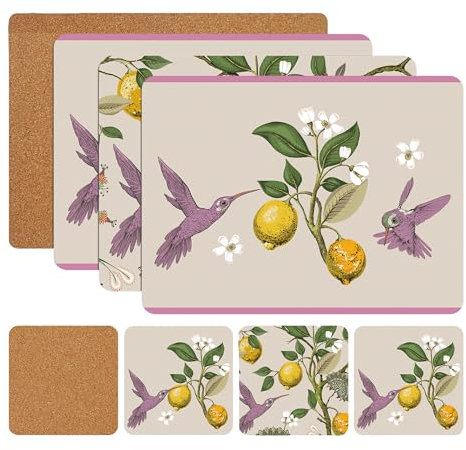 Placemats and Coasters Set – 8-Piece (4+4) Heat-Resistant, Non-Slip Cork Table Mats for Dining, Kitchen, and Outdoor Use – Easy to Clean- Featuring elegant hummingbird and lemon tree designs.