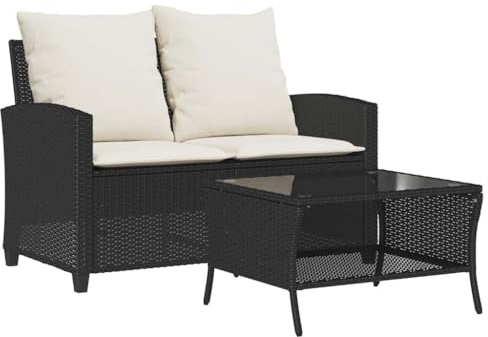 vidaXL Trädgårdssoffa 2-sits med dynor och bord svart konstrotting