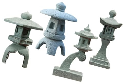 Sosoport 4 Pezzi Lanterna Statua in Pietra Bonsai Decorazione da Giardino Paesaggio Materiale in Arenaria Elegante Torre Ornamento Decor