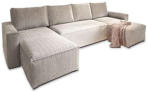 Masseno Ecksofa ASPRA mit Schlaffunktion U-Form, Sofa mit Bettkasten, Wohnzimmersofa, Couch, Soffa, Bettsofa, Couchgarnitur- Creme, POSO 100
