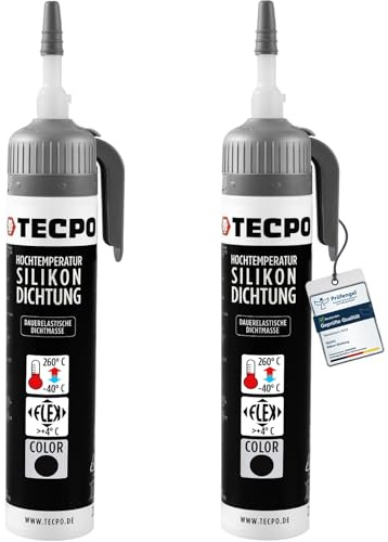TECPO 2x Hochtemperatur Dichtstoff Dichtmasse, 200 ml Silikon Dichtung Dauerelastisch schwarz hitze- und wasserbeständig Silikondichtmasse