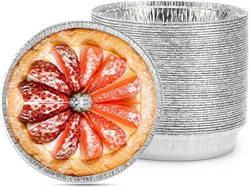 Round Flan Tart Pie Tin Foils Disposable Recyclable – 14.5cm Approx 6 Inch Base and 2.5cm Approx 1 Inch Deep | Aluminum Foil Baking Tray – Sturdy & Oven Safe | Tarts Pies Cheesecakes Desserts (100)