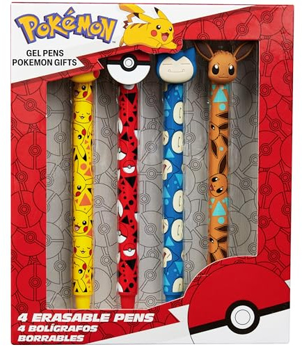 Pokemon Radierbarer Kugelschreiber Kinder 4er Stifte Set, Blaue Tinte Tintenroller mit Radiergummi, Schule Geschenke für Jungen und Mädchen (Multi Pikachu & Eevee)