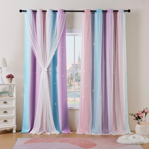 Best Baisite Gardinen Kinderzimmer 2er Set Verdunklungsvorhänge H 200 X B 132cm Doppellagige Vorhänge mit Hohlen Sternen Kinder Mädchen Baby Ösenschal Ösenvorhange Dekoration
