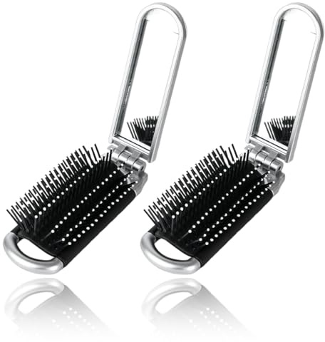 2 Piezas Cepillo de Pelo de Viaje con Espejo Plegable, Cepillo Pelo Plegable Antitirones, Mini Cepillos para Gimnasio, Viajes, Plata