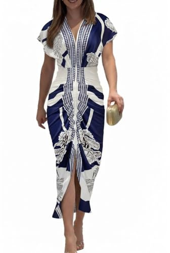 CHICME Summer Dresses for Women Floral Print Plunge V Neck Midi Dress Casual Ruched Slit Bodycon Party Dress Blue-M