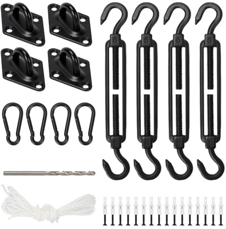 Sonnensegel Befestigungsset M6, 46 Stück 304 Edelstahl Hardware Kit für Rechteck Quadrat und Dreieck Sonnensegels, Sonnensegel Zubehör Montage mit Spannschlösser Pad-Augen Karabinerhaken, Schwarz