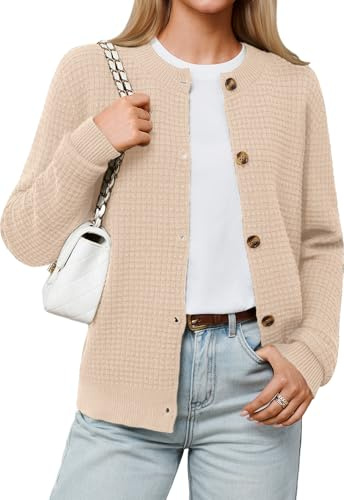 YUNDAI Womens Knit Cardigan Long Sleeve Button Down Crew Neck Sweater Top | Soft ribbed knit cardigan with long sleeves and button front design, lightweight layering sweater for comfy casual daily wear