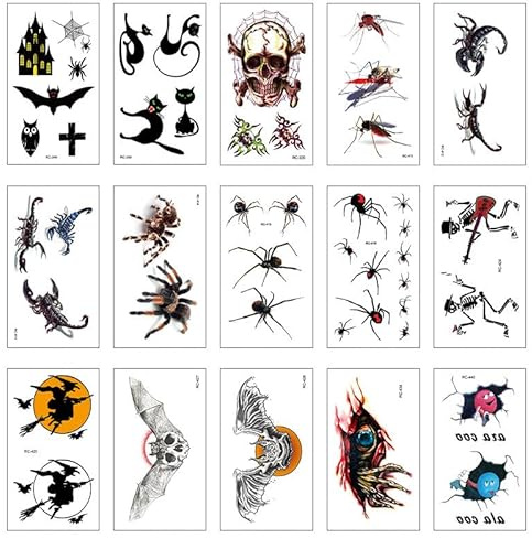 Halloween Tattoos, 10 Blatt Spinnennetz Schädel Fledermaus temporäre Tattoo Aufkleber, für Haloween Kostüm Damen Herren Make Up