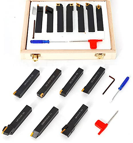 Lot de 7 outils de tournage CNC 1,9 kg avec acier rotatif en carbure de tungstène de 16 mm avec revêtement en titane - Boîte à outils en carbure de tungstène indexable pour taraudage