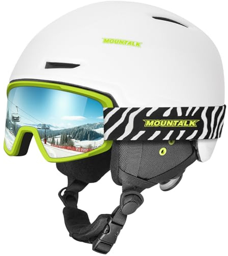 MOUNTALK Ski Helmet and Goggles for Men, Women & Kids - Lightweight in-Mold Snowboard Helmet with Adjustable Venting & OTG Anti-Fog Goggles - All-Weather Silver Mirror Lens - ASTM Certified,White,M