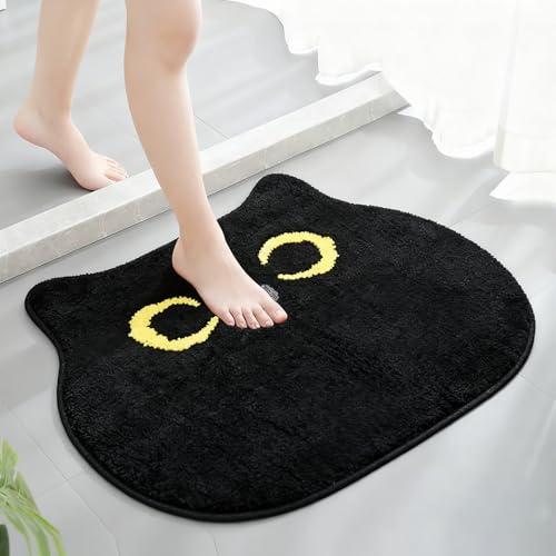 Schwarze Katze Badematte, Rutschfest Waschbar Badteppich, Badezimmerteppich Absorbent Katze Badezimmer Matte Teppich, Weiche Mikrofaser Duschvorleger für Badezimmer, Badewanne, Eingang 50x55cm