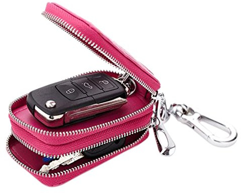Esdrem, borsello per chiavi auto, custodia portachiavi con cerniera, borsellino unisex in vera pelle fatto a mano, KEY-WALLET-02, Rosa