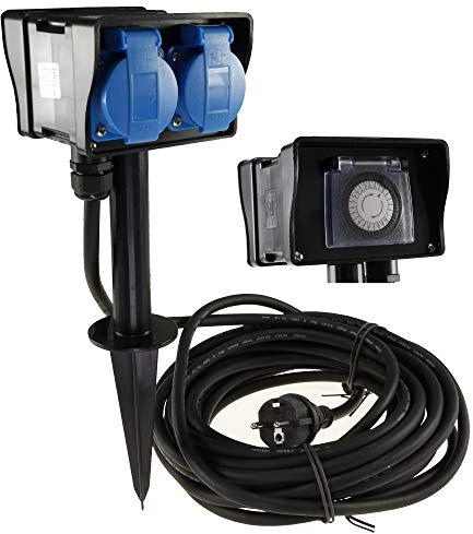 Chilitec Trädgårdsuttag, utomhusuttag med timer, 10 m kabel, IP44 230 V, strömfördelare, godkänd för hållbar utomhusbruk