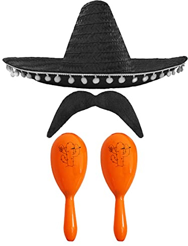 Mexikansk snygg klänning tillbehörsset – Mexikansk SOMBRERO med maracas och smink – perfekt för musikanska fans SENORITA BANDIT MARIACHI FANCY KLÄNNING (svart POM SOMBRERO + 2X ORANGE MARACAS)