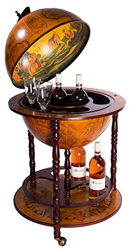 Chariot de Bar géant 45001R - en Bois d'eucalyptus Massif - avec roulettes - Marron Vieilli - Dimensions 112 cm de Haut et 56 cm de Large - avec Globe terrestre Antique - Table de Bar