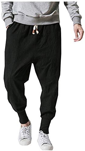 LifeHe Men Linen Drop Crotch Wide Leg Baggy Harem Pants (Black, XXL)