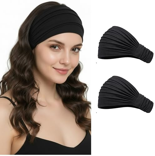 Deresina 2er Set Extrabreite Elastische Bambus Stirnbänder, Unisex Schweißbänder für Make-up, Haarausfall & Sport, (Schwarz - One Size)