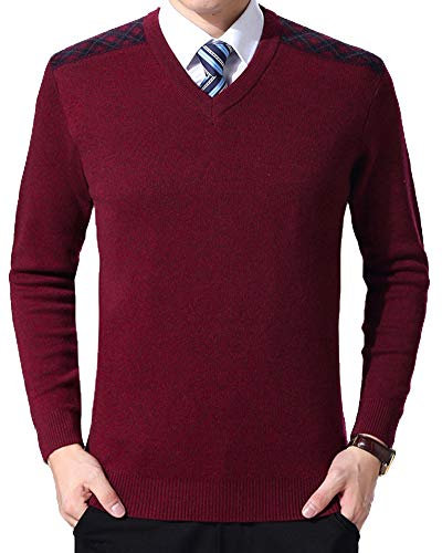 Jersey de Manga Larga con Cuello de Pico para Hombre Suéter con Cuello en V Rojo M
