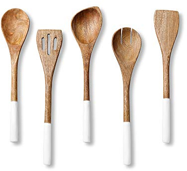 Folkulture Wooden Spoons for Cooking Set for Kitchen, Non Stick Cookware Tools or Utensils Includes Wooden Spoon, Spatula, Fork, Slotted Turner, Corner Spoon, Set of 5, 12 Inch, Acacia Wood, White