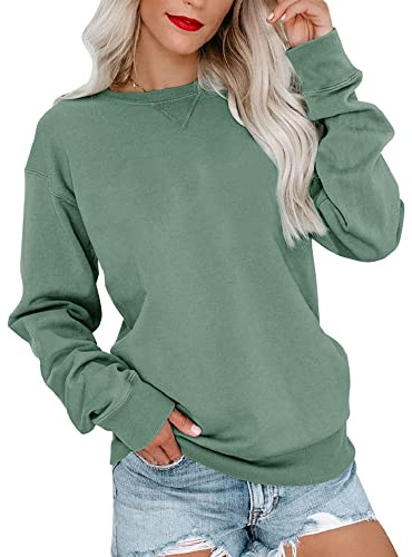 Bingerlily Womens Casual Long Sleeve Sweatshirt Crew Neck Cute Pullover Relaxed Fit Tops (Green,Large)