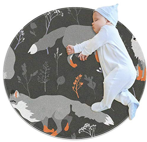 Babyteppich Cartoon Grauer Wolf Baby Krabbeldecke Spieldecke Rund Spielmatte Teppich Kriechmatte Baby Spielzelte Teppich 100x100cm