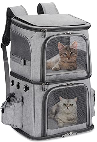 FASNATI Rucksack für 2 Katzen, 2-in-1, abnehmbares Doppelfach, bis zu 12 kg, Transporttasche, faltbar und belüftet, ideal für große Katzen und kleine Hunde, Grau