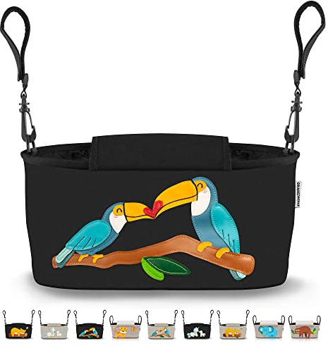 GRINSEZWERGE Kinderwagen Organizer 12Motive mit Feuchttuchspender I Kinderwagen Tasche mit Schultergurt I Kinder Buggy Organizer I Kinderwagentasche Aufbewahrungstasche Baby Stroller Bag schwarz Tukan