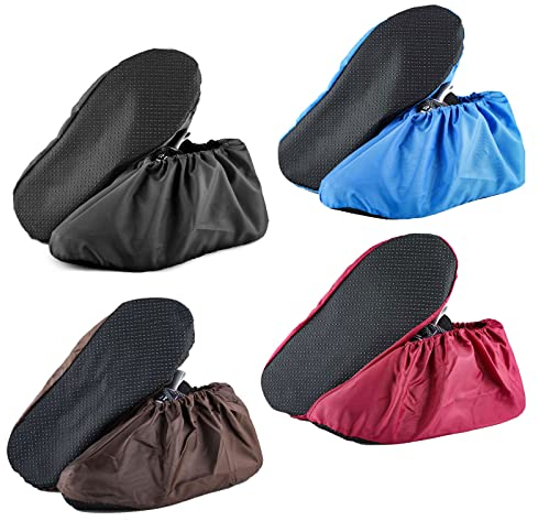TSHAOUN 4 Pairs Reusable Overshoes with Non-slip Sole, Waterproof Oxford Shoe Covers, Shoes Protectors for Household Carpet Floor Protection Dustproof Indoor Boot Covers Machine Washable (4 Colors)