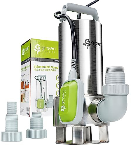 Green Expert 1.5HP Submersible Sump Pump, Max 6000 GPH High Flow, Full 304 Stainless Steel, Automatic Tethered Float Switch, 25 ft Power Cord, Handles 1-1/3 in Solids, for Basement Sewage Pit & Pools